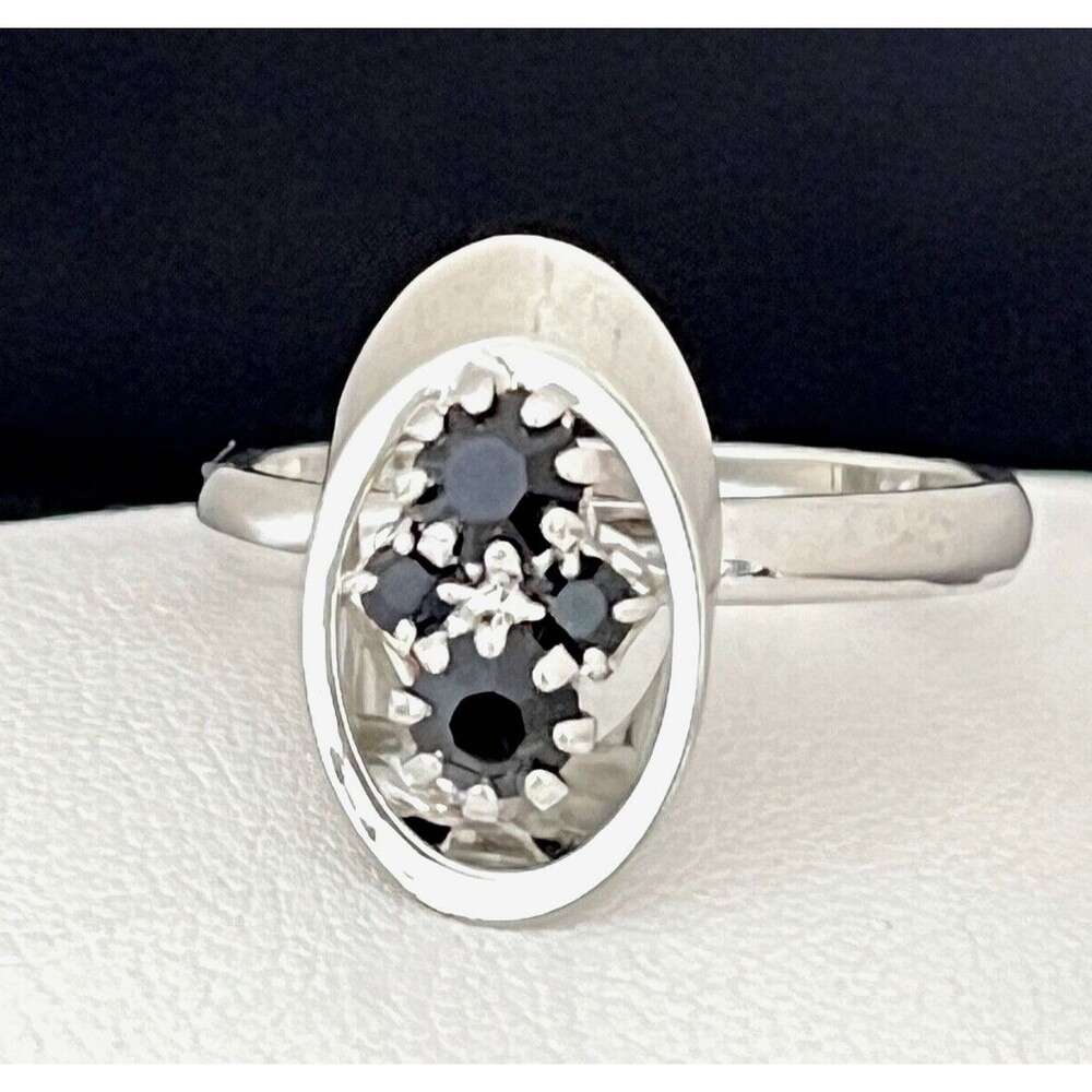 Vintage 1960s Cocktail Ring Mid Century Modern Black Rhinestone Silver Tone - 4I